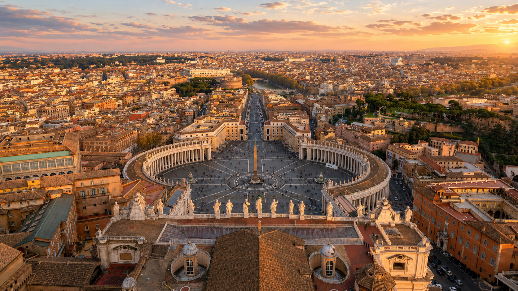 St Peter's Basilica dome climb panoramic view over Bernini's colonnade and Rome from 136 metres