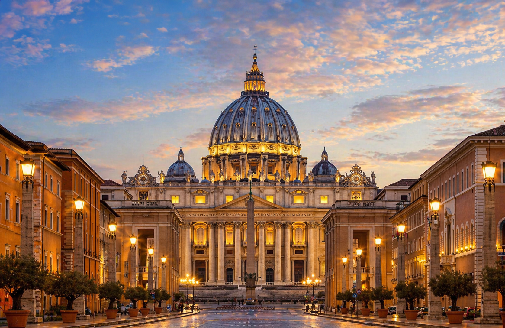 St Peter's Basilica facade and dome rising above the colonnade of Bernini's piazza